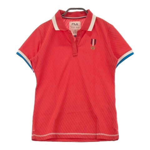 【1円】FILA GOLF フィラゴルフ 半袖ポロシャツ 斜めストライプ柄 レッド系 L [240101078604] レディース_画像1