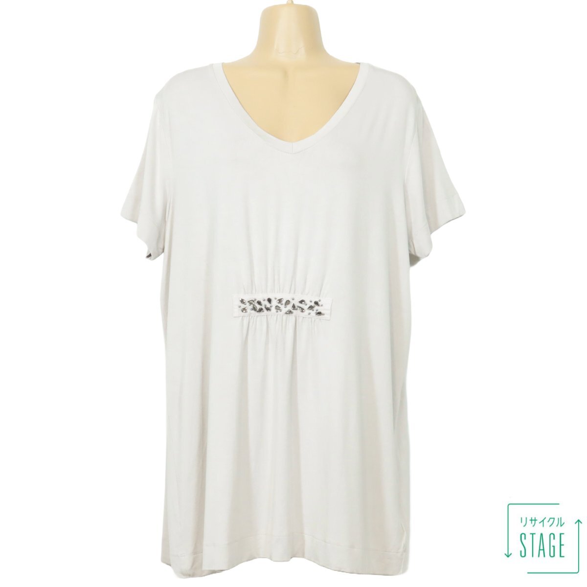 【美品】マリナ リナルディ VOYAGE★大人フェミニン♪半袖チュニック 大きいサイズL ストレッチ素材♪ビジュー付き♪ベージュ系 z7456