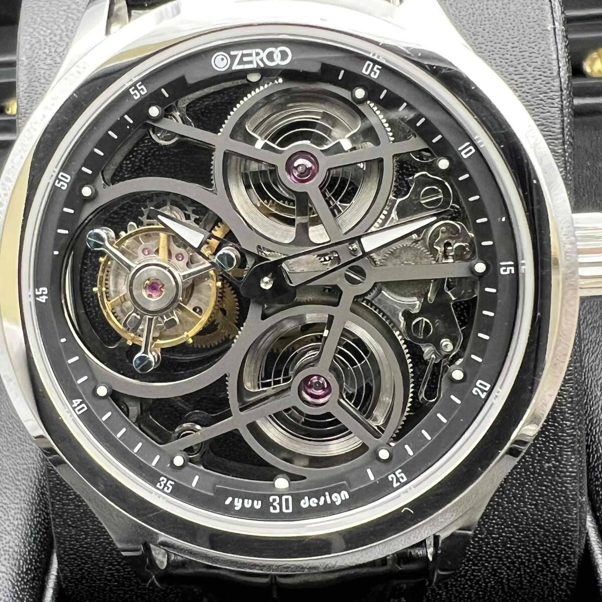 ゼロ ZT001SBK T1 ジ・アーチャー フルスケルトン 手巻き 腕時計 ZEROO T1 THE ARCHER FULL SKELETON TOURBILLON SS 革ベルト Dバックル_画像2