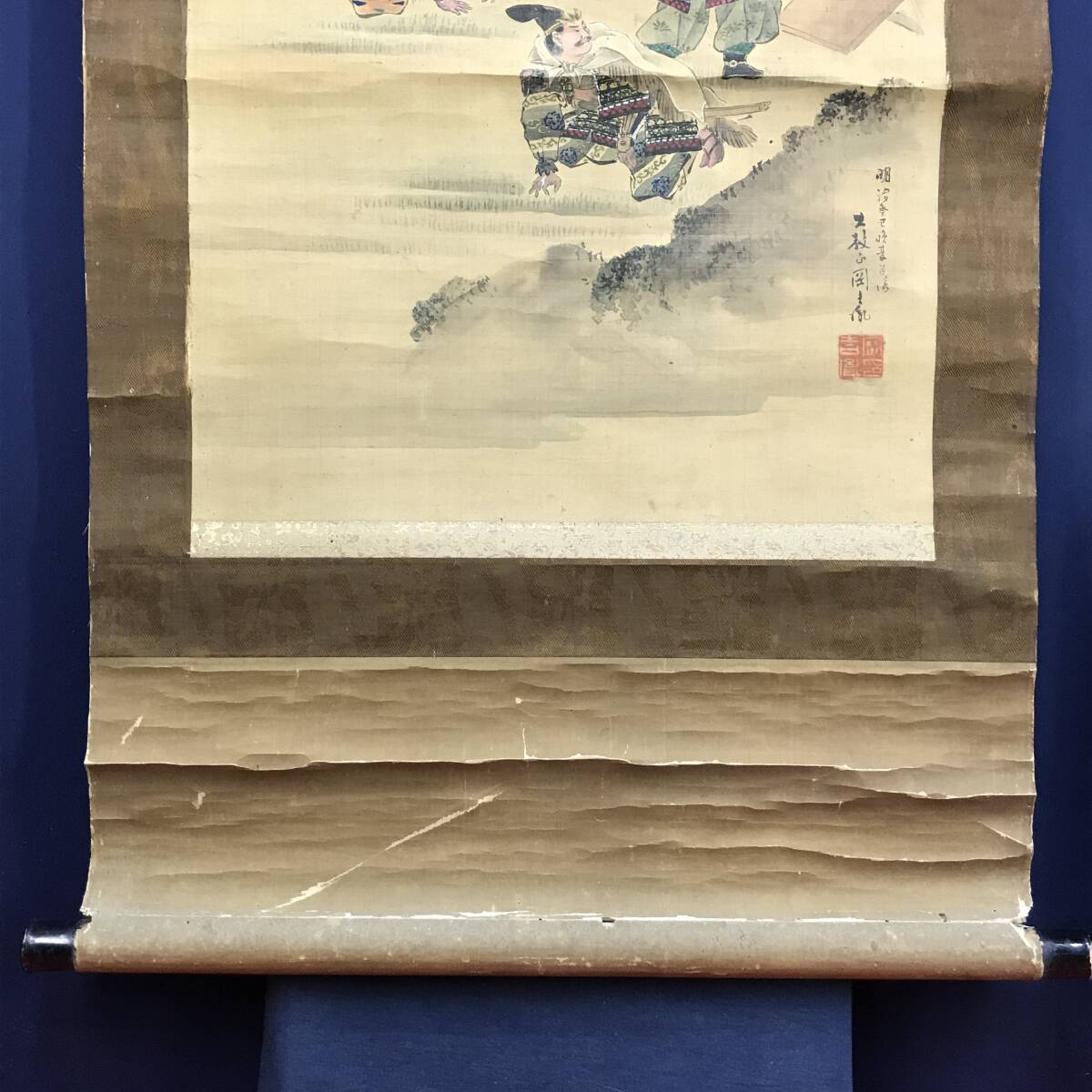 真作/岡吉胤/後醍醐天皇/名和港/武者図/鳥取県/掛軸 真作/岡吉胤/後醍醐天皇/名和港御着船画賛/武者図/