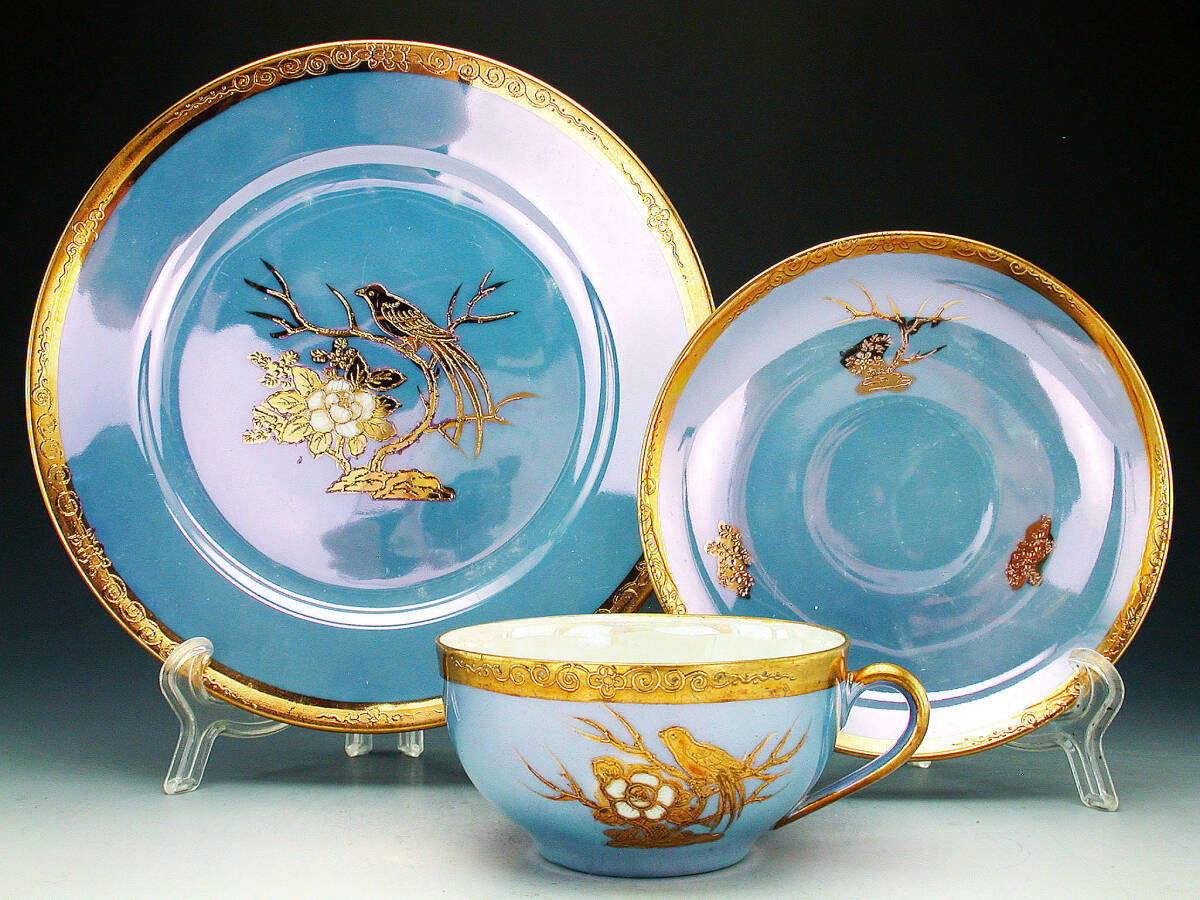  Old Noritake . goods!! Old Noritake * gold . on luster . flowers and birds map . cabinet Trio 