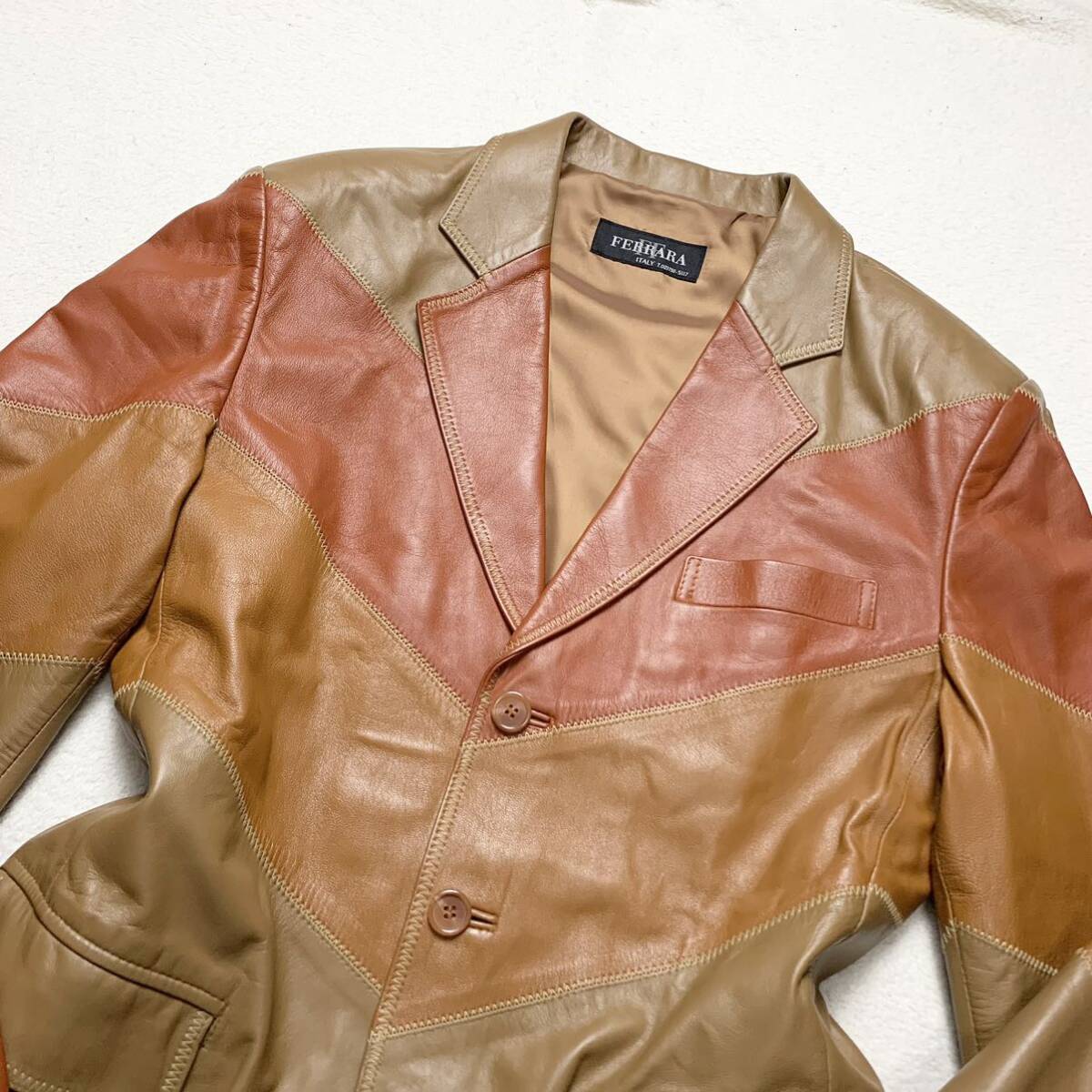  редкий Lfela-la[ первоклассный. овечья кожа ]FERRARA tailored jacket лоскутное шитье Rider's кожаная куртка овчина кожа ягненка Brown 1 иен 