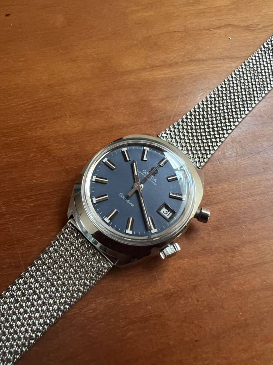 オメガ ジュネーブ ワンストップクロノ 青文字盤 手巻き OMEGA オメガ 稼働品 腕時計 ビンテージ 純正ブレスの画像1