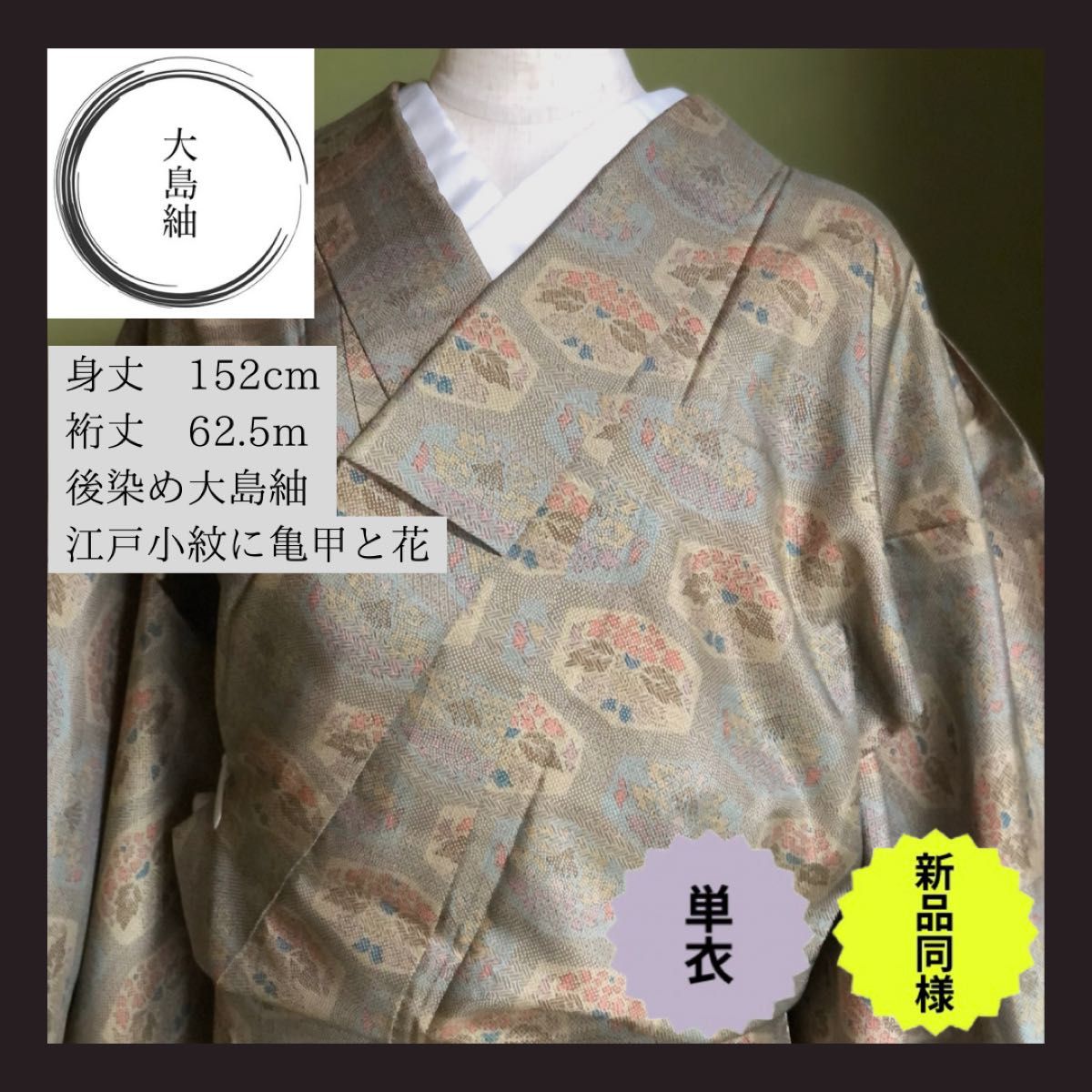 【後染め大島紬】単衣　小紋　超美品　新品同様　江戸小紋　亀甲　抽象的な花　広襟　正絹