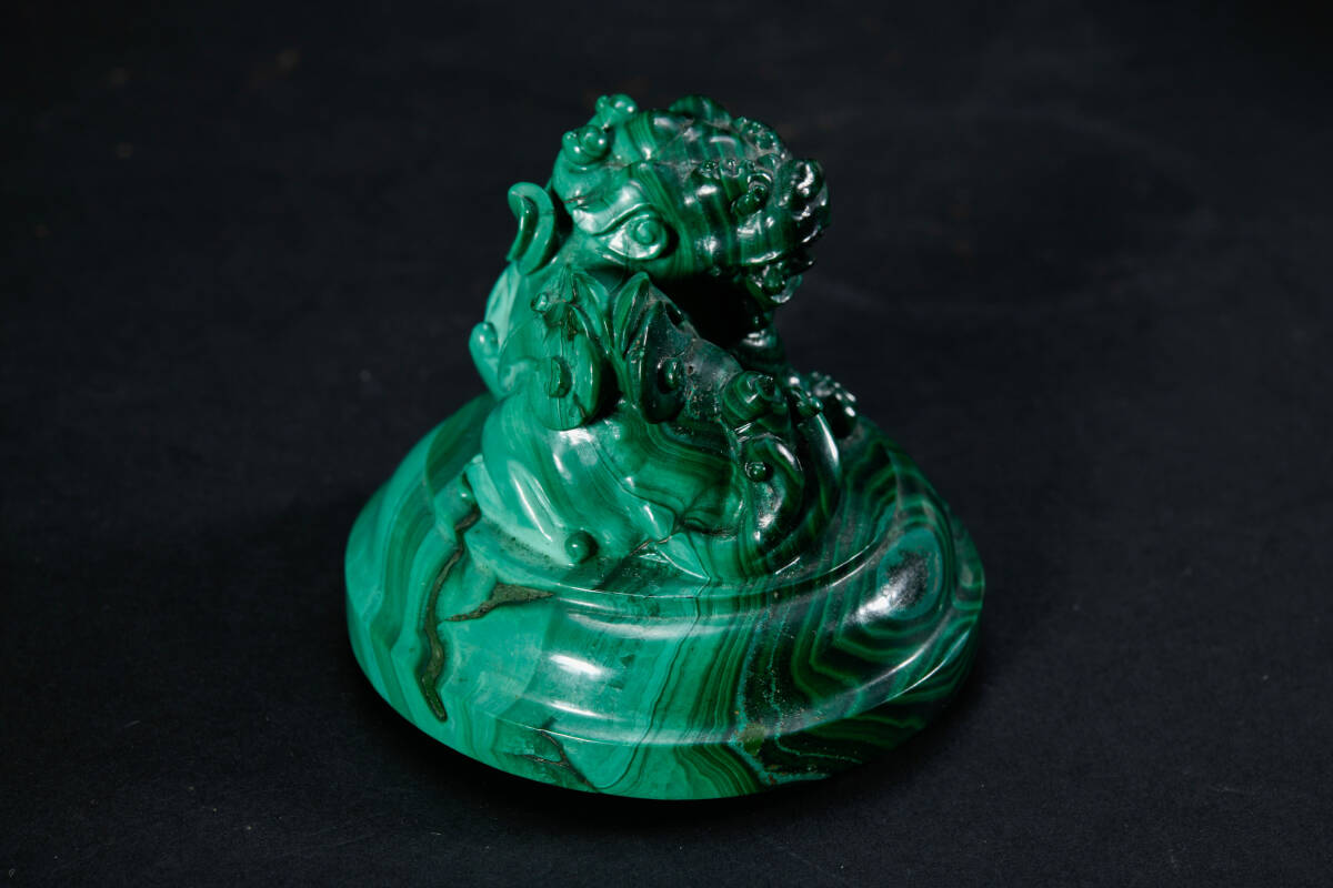 br10613 中国美術 孔雀石獣耳遊環碧玉香炉 箱付 置物 唐物 高18.3cm 重1744g_画像4