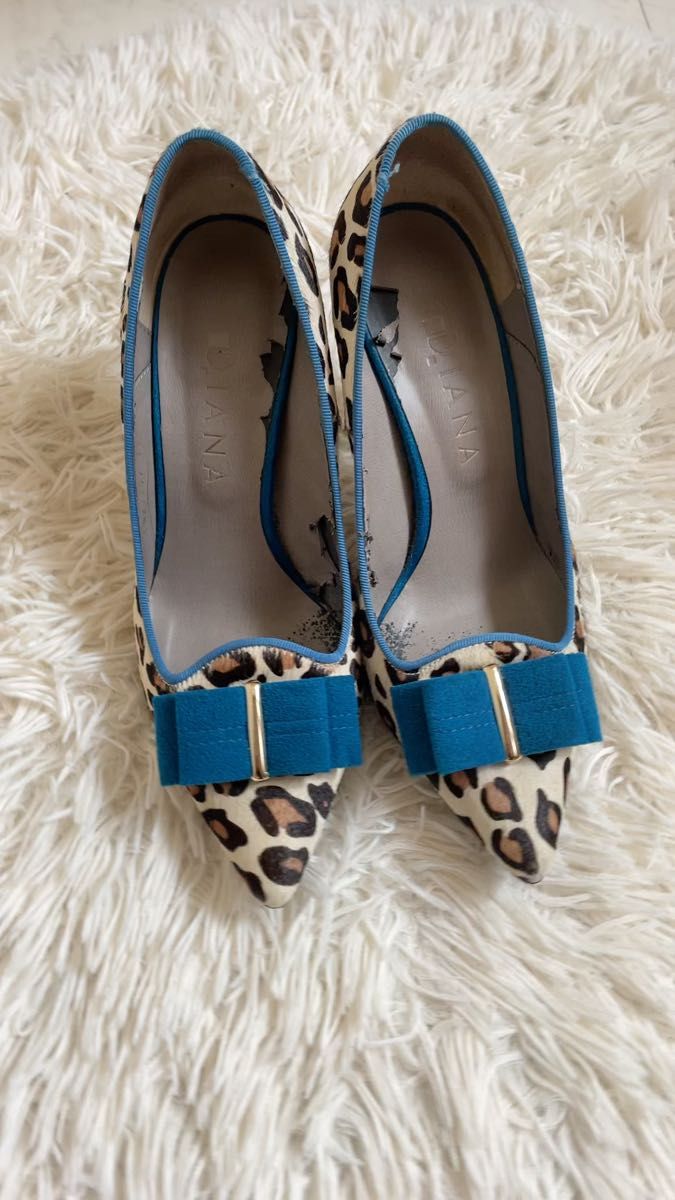 パンプス 靴 DIANA 女性用　23.5cm レオパード　リボン　ブルー　ヒョウ柄　ピンヒール　ハラコ　スエード