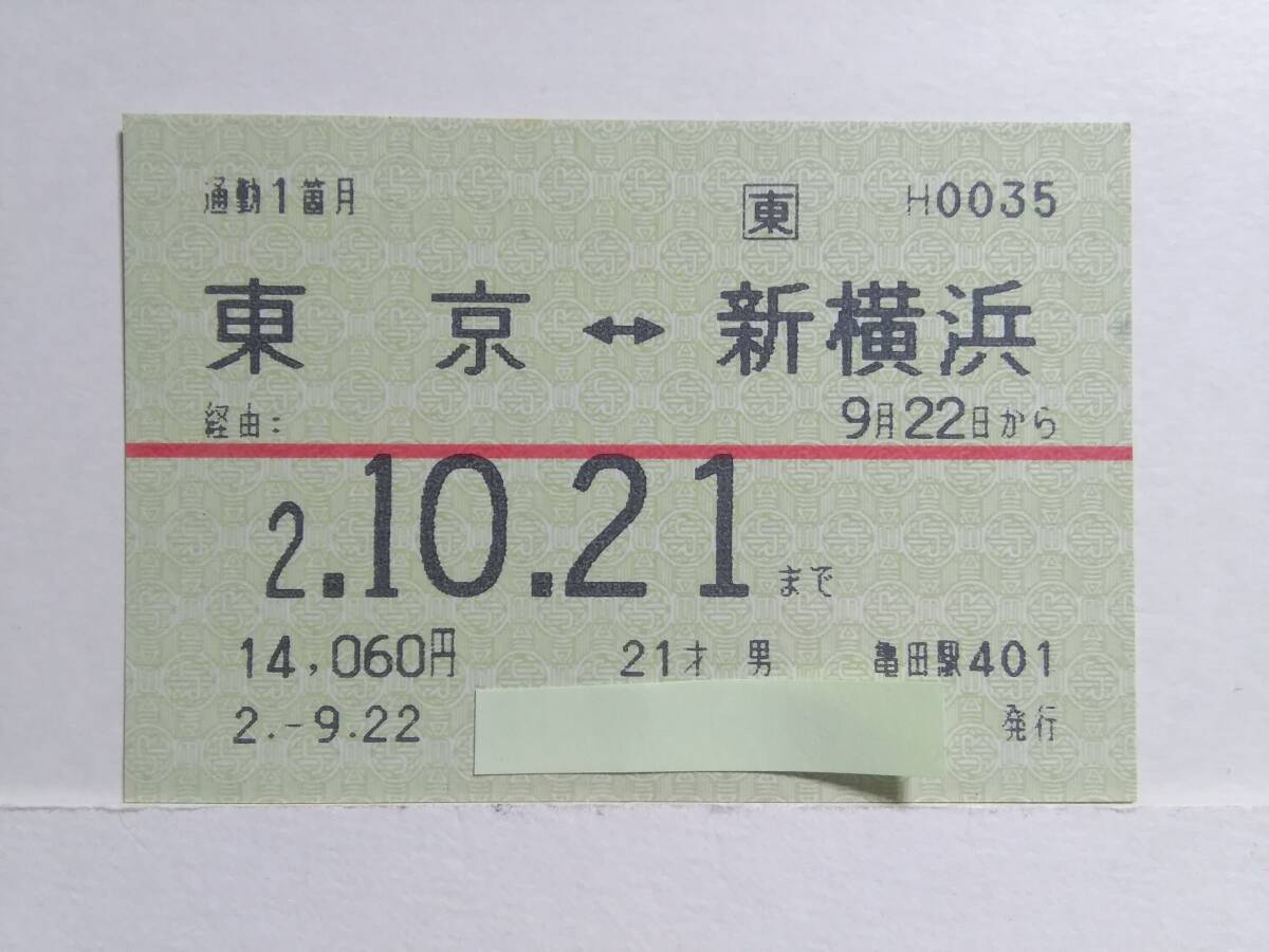 ●ＪＲ東日本●通勤定期●東京⇔新横浜●H2年●亀田駅●POS 発券●試刷券？●_画像1