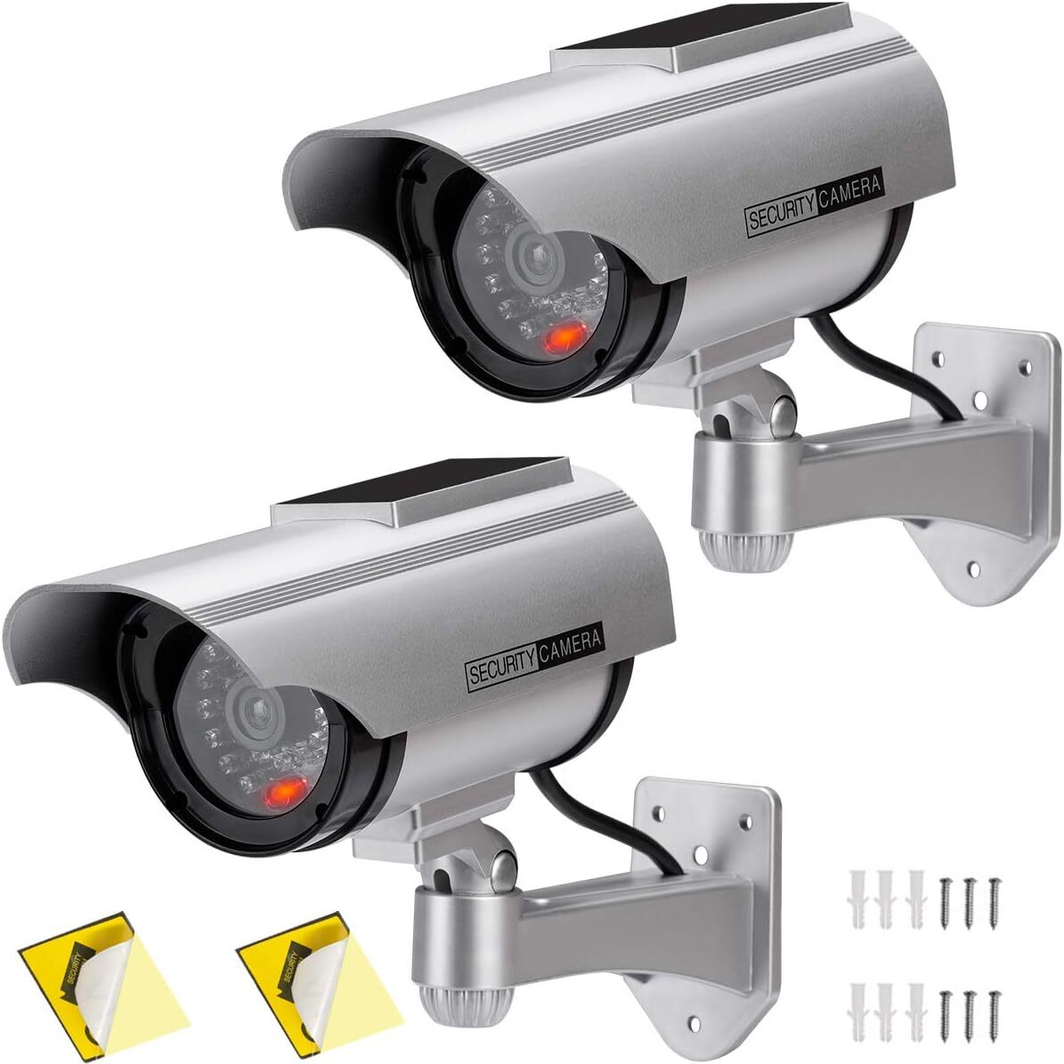 AlfaViewダミーカメラ ソーラーパネル搭載 防犯カメラ 赤LED常時点滅 防水 屋内外両用監視カメラ（シルバー2台）_画像1