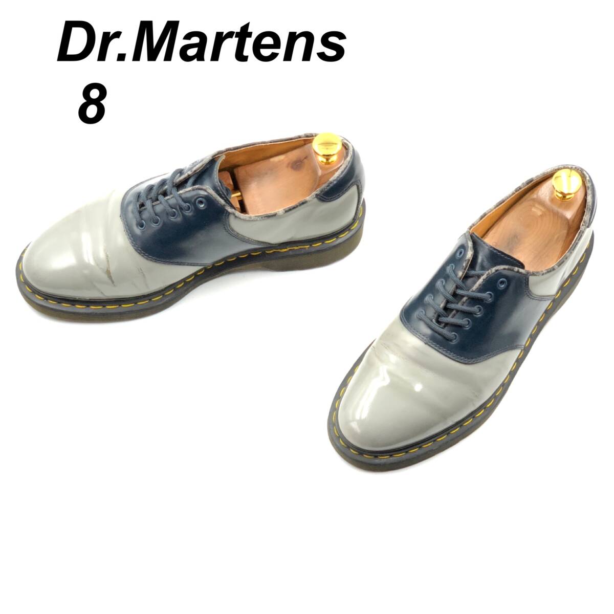 即決 Dr.Martens ドクターマーチン 26cm UK8 US9 RAFI メンズ レザーシューズ 5ホール サドルシューズ グレーxネイビー 革靴 皮靴