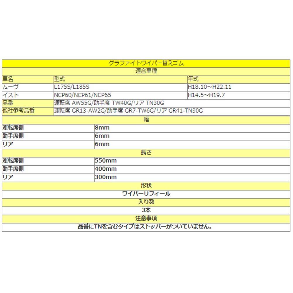 ムーヴ イスト用 AW55G TW40G TN30G グラファイトワイパー替えゴム フロント リア用 3本セット 車_画像2