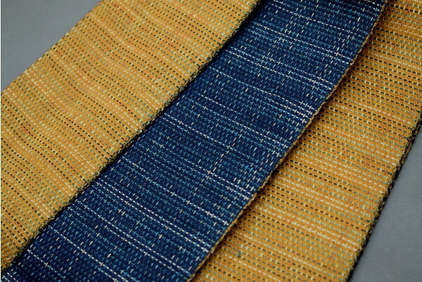 A45-4 prompt decision secondhand goods silk men's man's obi yellow tea navy blue (.. packet 260 jpy )