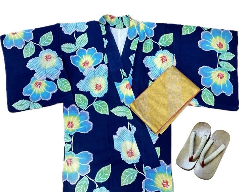  yukata geta obi 3 point set navy flower *... ok * clothes 80