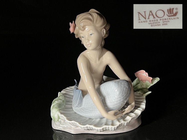 【瑞】NAO　ナオ 人魚 と貝形置物２点　 フィギュリン 陶器 陶器人形_画像1