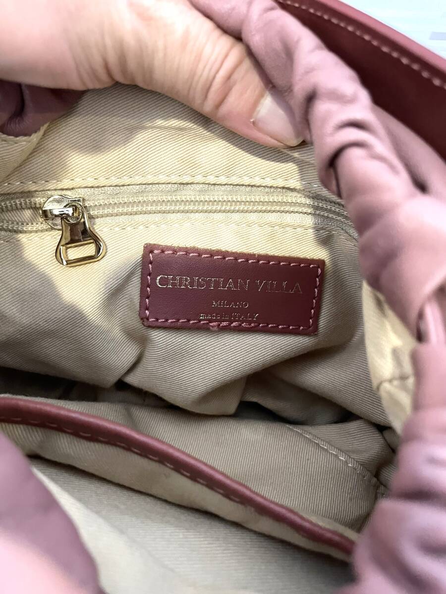 美品 クリスチャンヴィラ CHRISTIAN VILLA 2WAY フリンジ スタッズ レザー バケツ ショルダー バッグ BAG 本革 モーヴピンク イタリア製_画像7