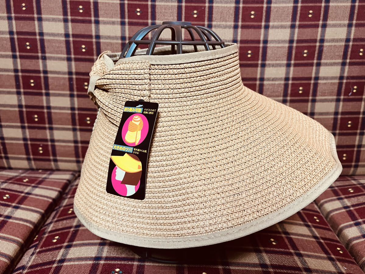 麦わら サンバイザー バックリボン ベージュ 紫外線対策 ストローハット 折り畳み リボン付き UVカット UV対策 ストロー 麦わら帽子 小顔