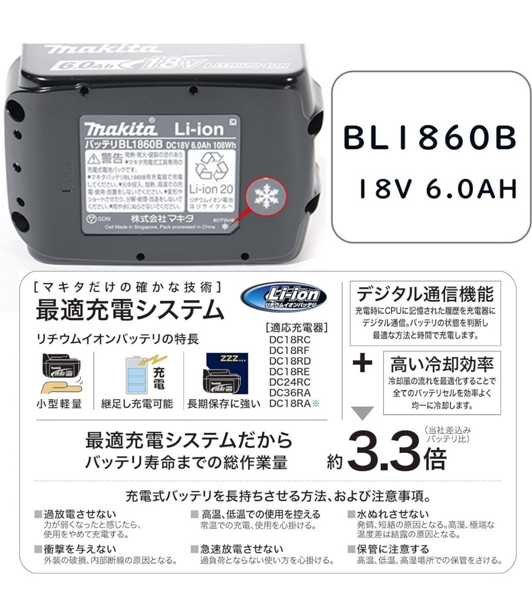 マキタ リチウムイオンバッテリー BL1860B 雪マーク有 18V 電動工具 残量表示付 リチウムイオン電池_画像4