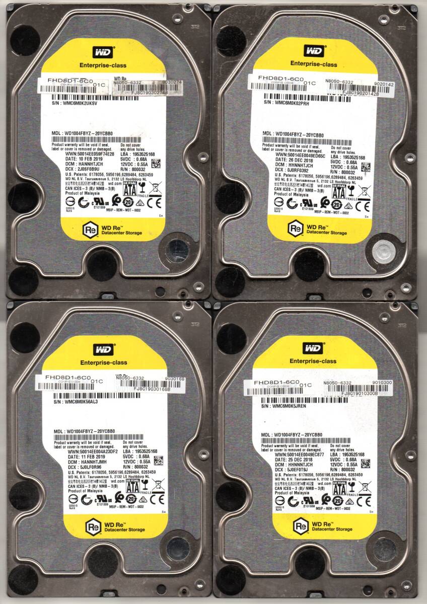 SATA ☆ 3.5インチHDD　1.0TB×4個セット 計 4.0TB (4000GB) ★ Western：WD10004FBYZ-20YCBB0 ★ 健康状態：正常 ★_画像1