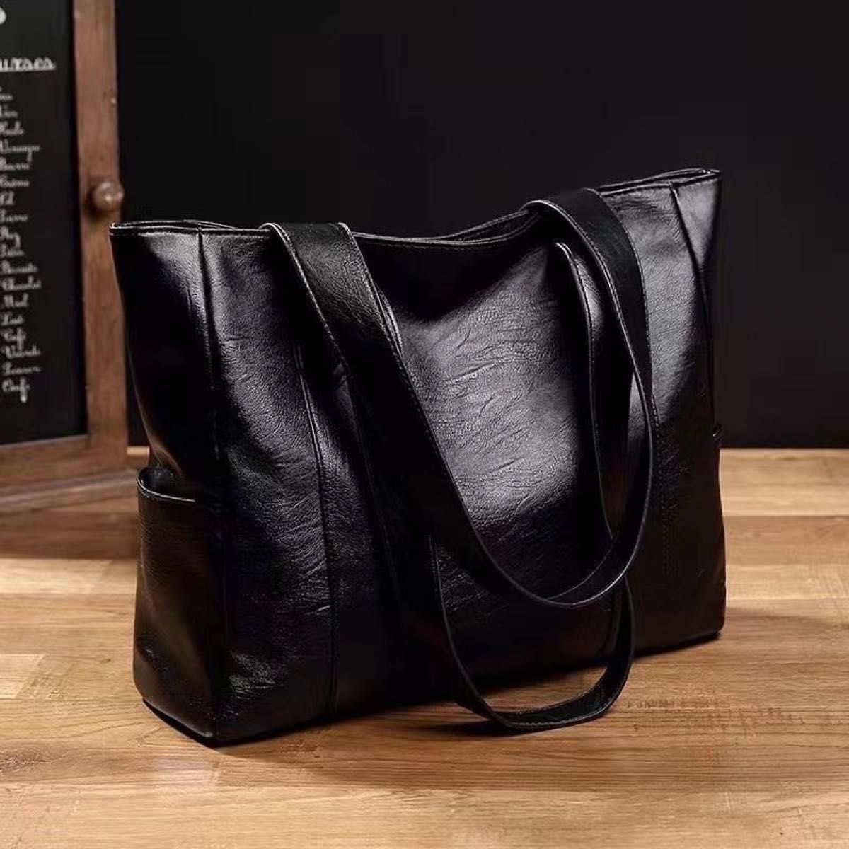 【値引きOK】トートバッグ レザー ブラック 黒 ビジネスバッグ シンプル メンズ レディース 男女兼用 シンプルバッグ