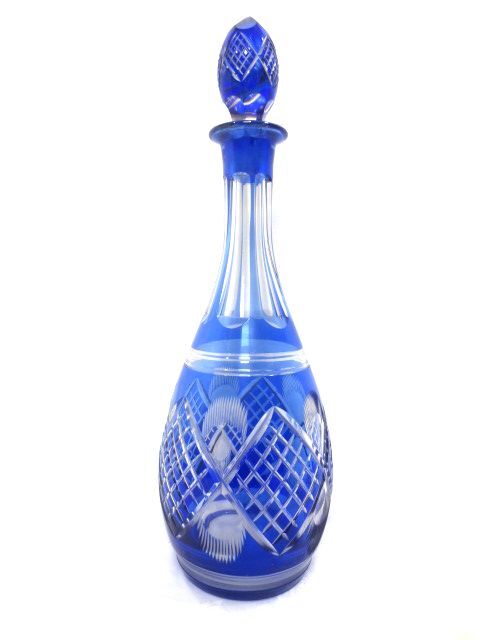 ■お洒落 切子ガラス デキャンタ ブルー カットグラス 全長36.5cm■色被せガラス ガラス瓶_画像1