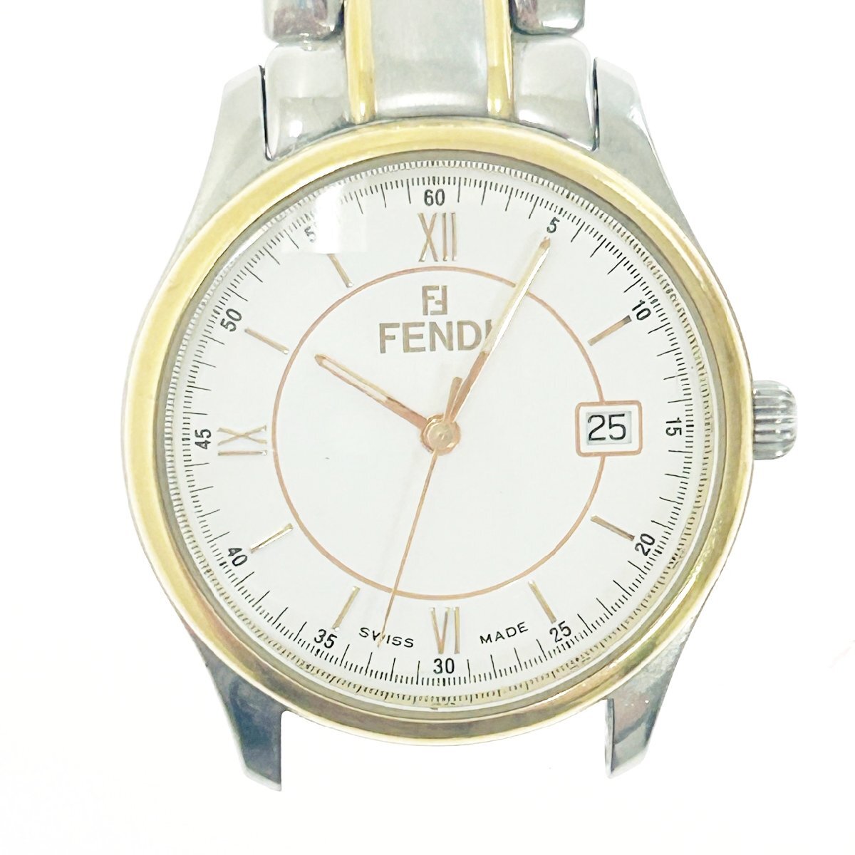 【1円スタート】【訳あり品】FENDI フェンディ 210G ラウンドフェイス SS×GP ホワイト文字盤 クオーツ メンズ腕時計 273006_画像1