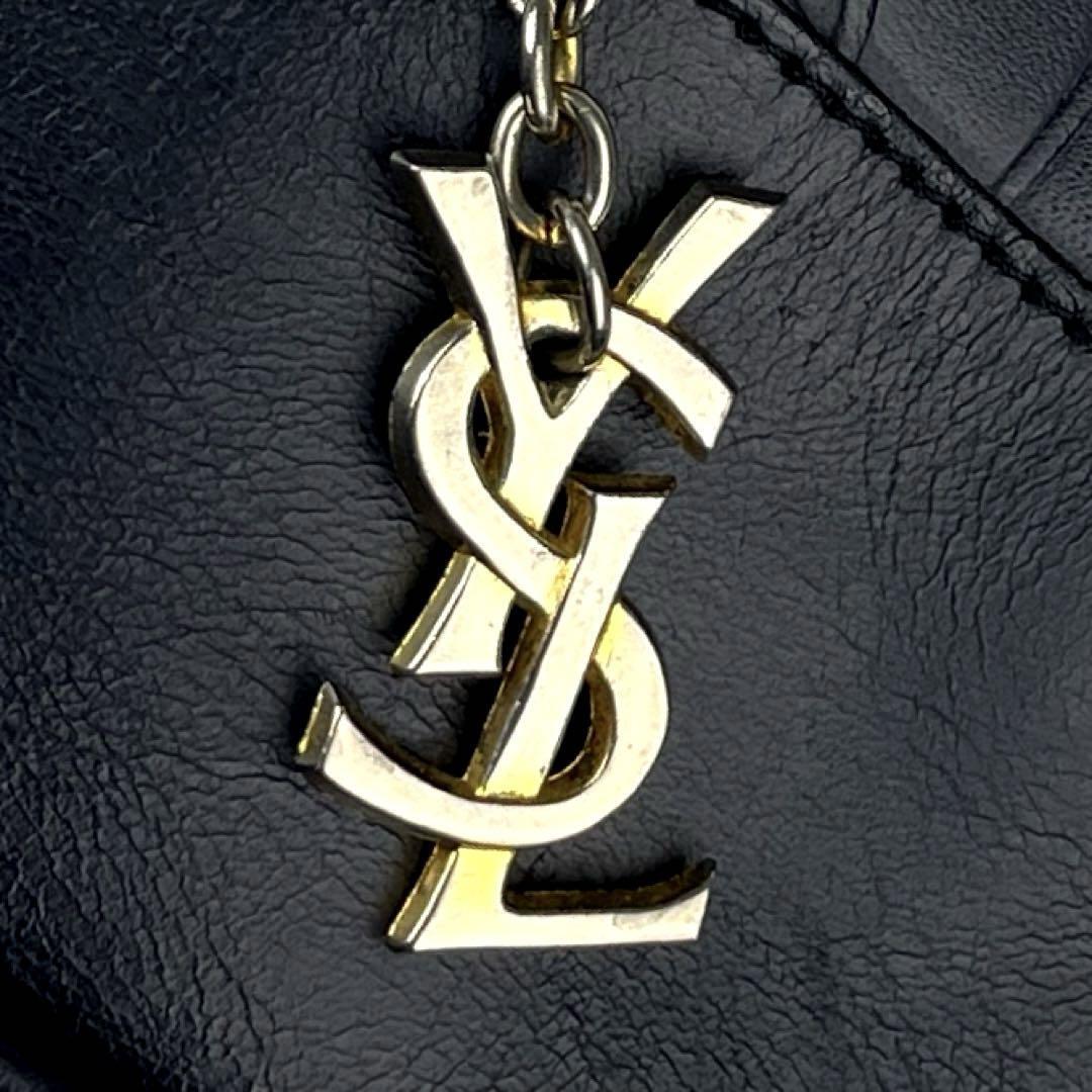 【美品】Yves Saint Laurent イヴサンローラン ハンドバッグ YSL カサンドラ 総柄 エンボス ミニボストン レザー 濃紺 ダークネイビー 黒系