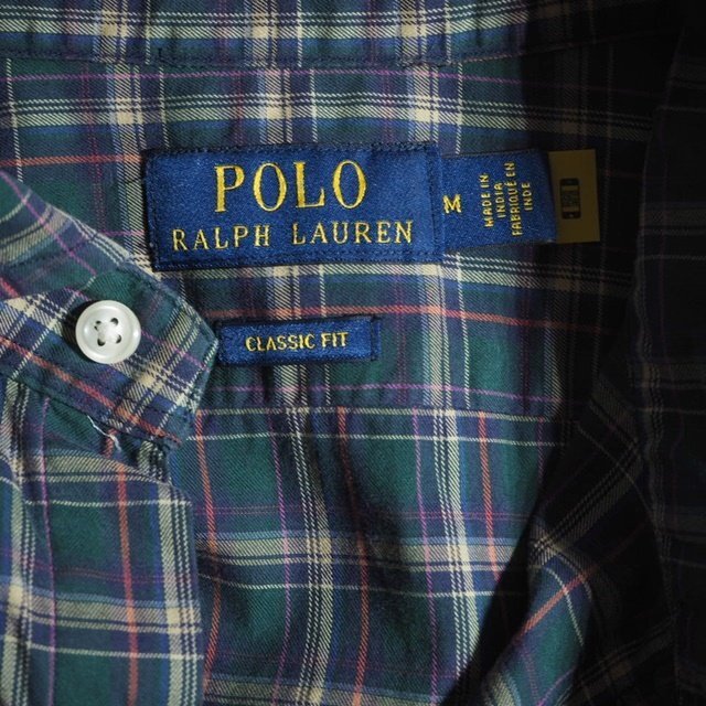 M9312f55　■Polo Ralph Lauren ポロ ラルフローレン■　ラウンドカラー コットン 長袖 チェック シャツ グリーン M / メンズ 春～秋_画像5