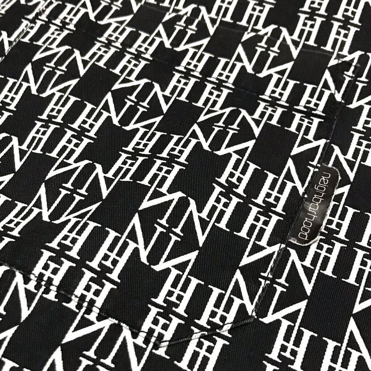 【00s】NEIGHBORHOOD ネイバーフッド モノグラム NHロゴ 総柄 半袖シャツ メンズM ブラック 黒 白 コットン 日本製 03年製 美品 正規 レア_画像5