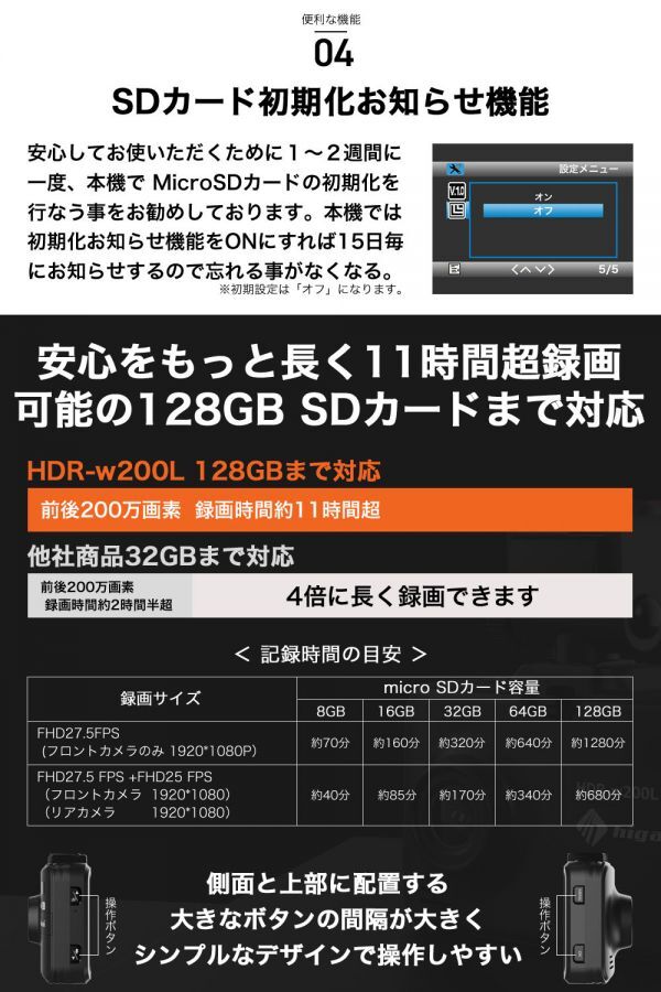 中古美品 HDR-W200L ドライブレコーダー 前後 カメラ 200万画素 1080P フルHD高画質 広角 常時 衝撃録画 GPS 前後 2カメラ ３_画像8