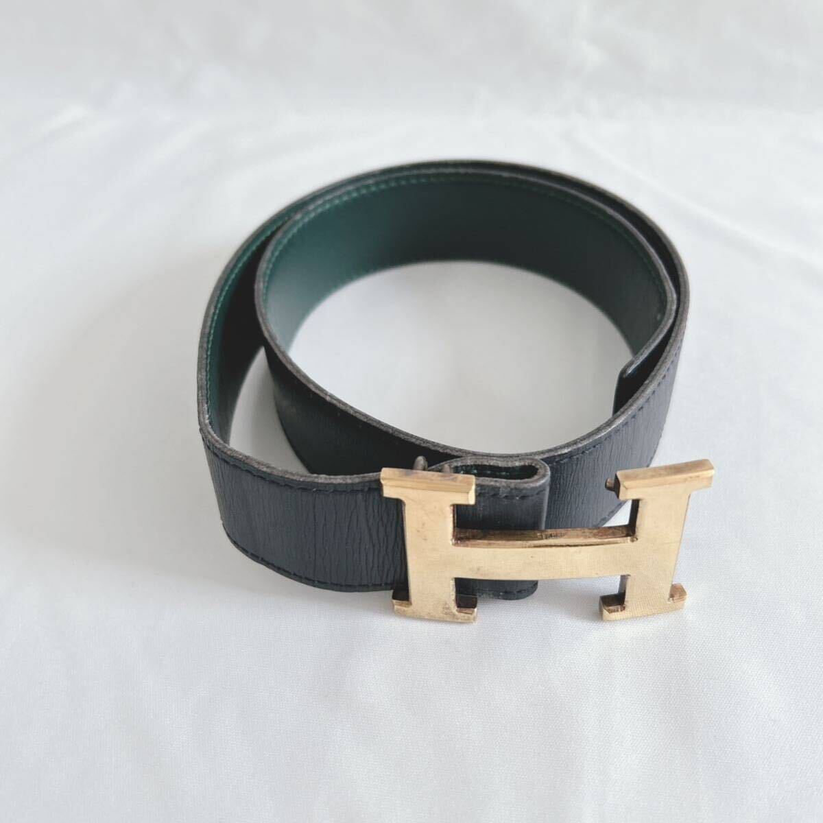 1 jpy ~HERMES Hermes belt leather reversible Gold metal fittings navy blue Stan s navy × green beautiful goods 