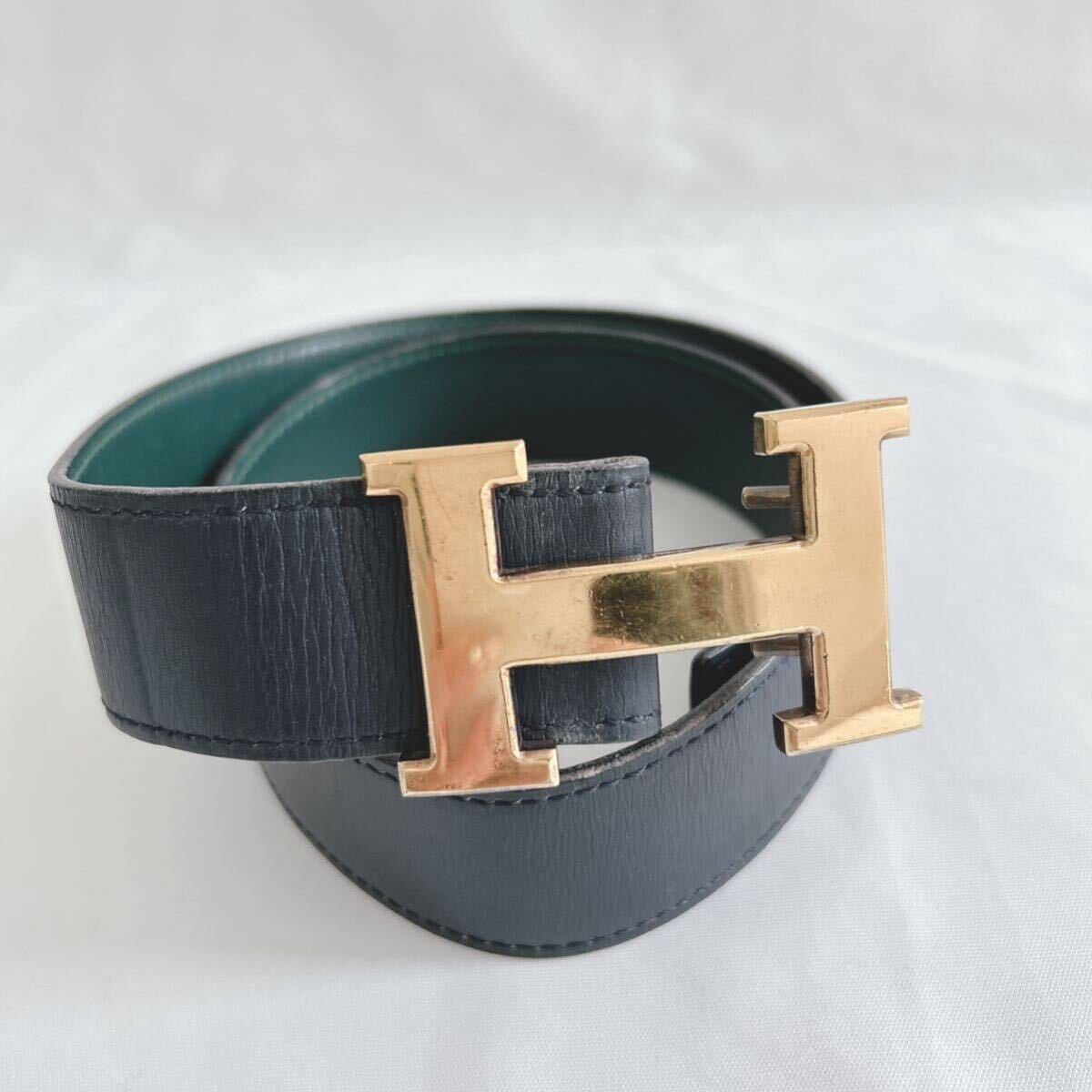 1 jpy ~HERMES Hermes belt leather reversible Gold metal fittings navy blue Stan s navy × green beautiful goods 