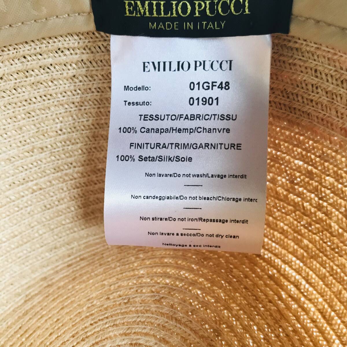 エミリオプッチEMILIO PUCCI幾何学模様　ストローハット麦わら帽子　シルク　イタリア製　　6/1以降は値上げします_画像5
