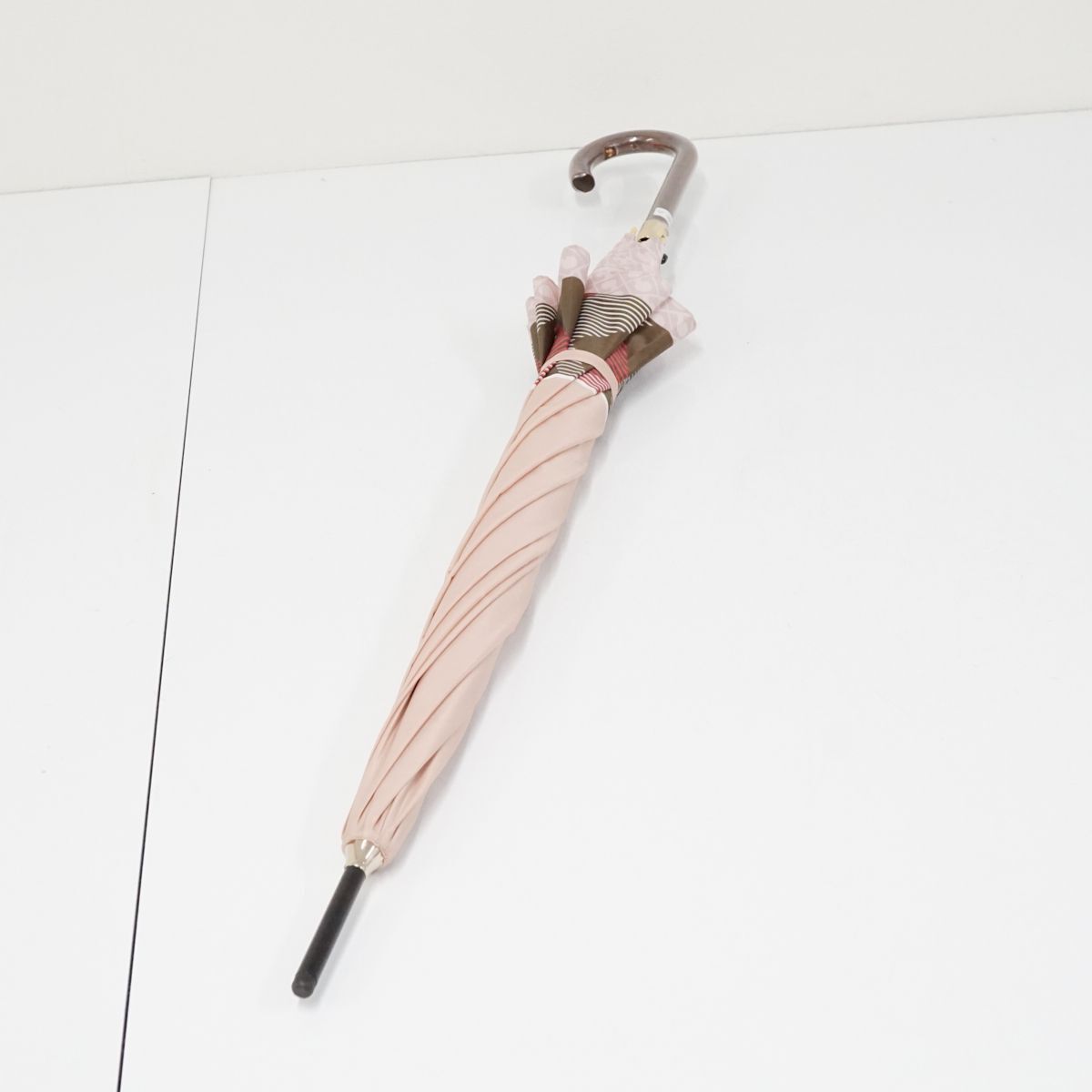 傘 GHERARDINI ゲラルディーニ USED品 日本製 耐風 チェック×モノグラム ピンク ジャンプ 日本製 60cm KR A0707_画像6