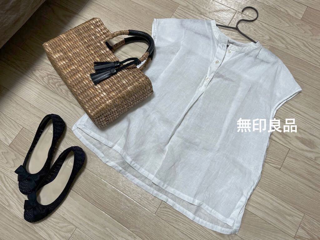 MUJI Muji Ryohin l French рукав linen блуза tops белый M-Ll лен 100% частота цвет no color тянуть over 