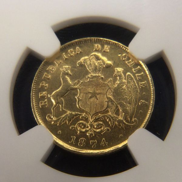 金貨 アンティーク 1874年 チリ共和国 2PESO 鑑定保証品 未流通　コンディション 鑑定品 世界1枚 アンティークコイン NGC ゴールド コイン_画像5