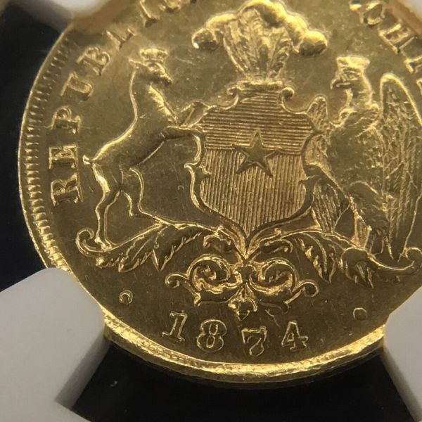 金貨 アンティーク 1874年 チリ共和国 2PESO 鑑定保証品 未流通コンディション 鑑定品 世界1枚　アンティークコイン NGC ゴールド コイン_画像6