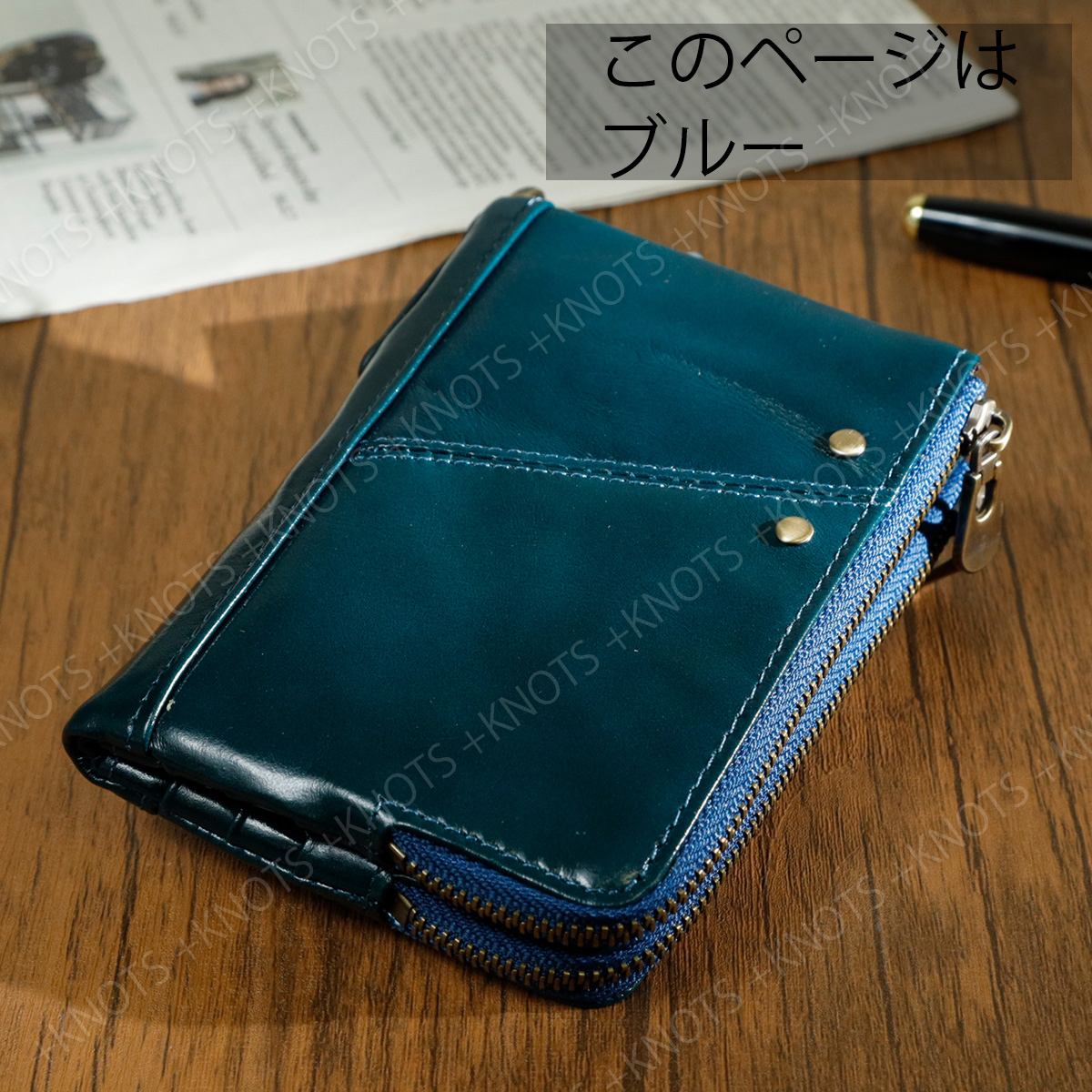 本革 多機能二つ折り財布★ブルー 青★レディース メンズ 小さい財布 大容量 ふたつおり財布 チェーンウォレット