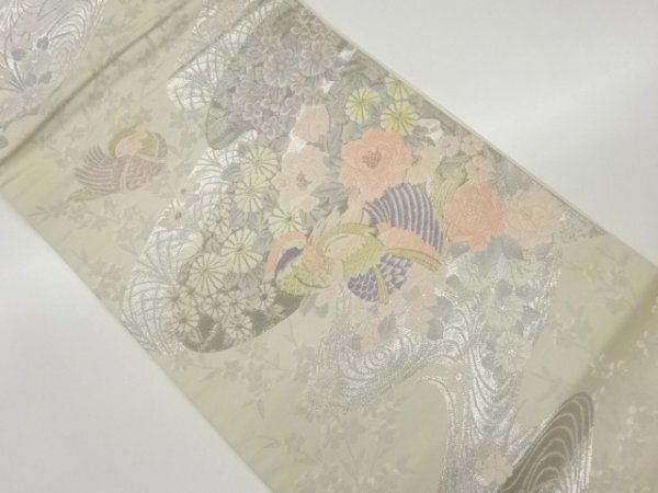 ys6986945; プラチナ箔二重織花々に鴛鴦・流水模様織出し袋帯【着】_画像1