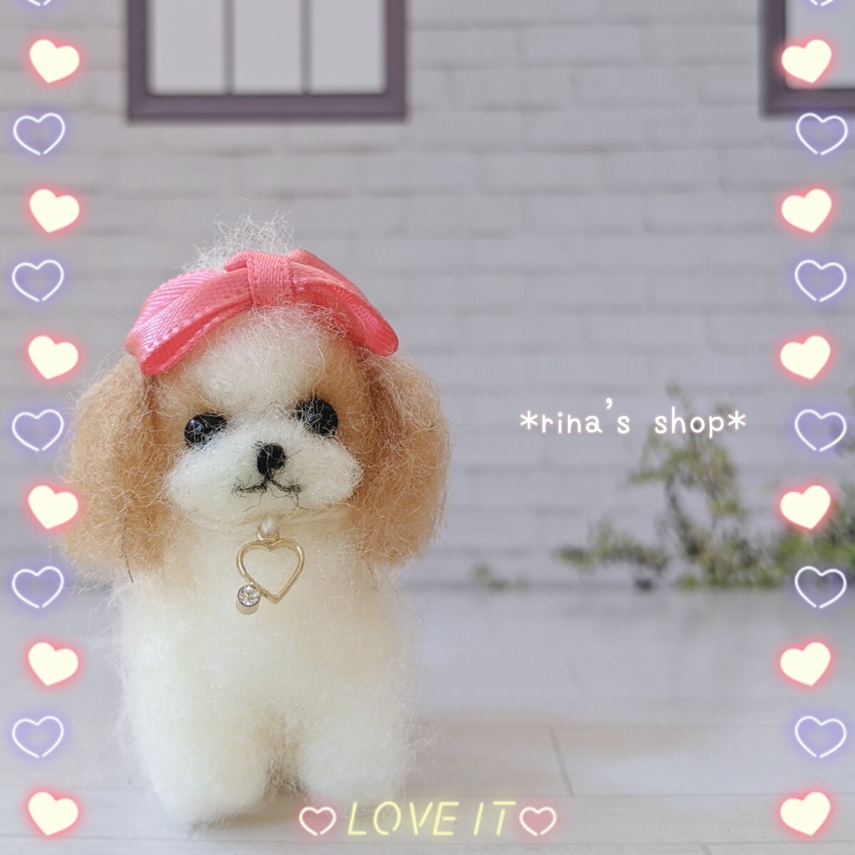 *rina\'s shop*5cm love dog . ribbon tea She's -* small size dog * hand made * wool felt * Blythe * pet Roth * interior * memorial * miniature * miscellaneous goods 