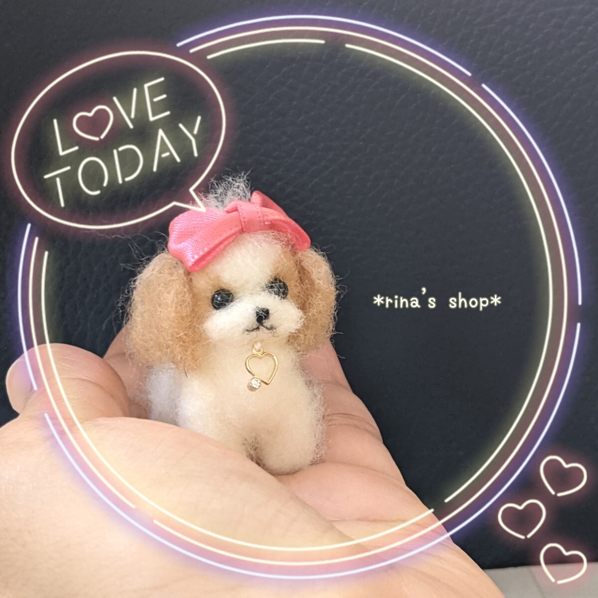 *rina\'s shop*5cm love dog . ribbon tea She's -* small size dog * hand made * wool felt * Blythe * pet Roth * interior * memorial * miniature * miscellaneous goods 