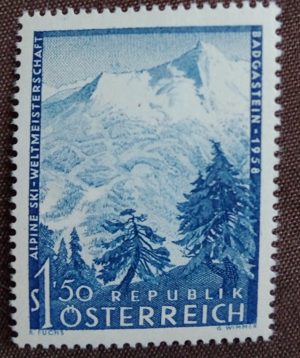 オーストリア　1958 アルペンスキー世界選手権　1完　山岳　スキー　風景　山　バードガシュタイン　未使用糊あり_画像1