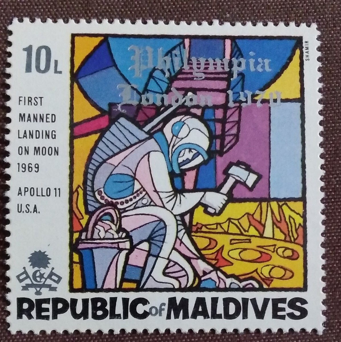 モルディブ　19709.18 フィリンピア70 3完+小型シート　国際切手展　月面着陸 に 加刷　宇宙　アポロ11号　未使用糊あり　_画像4