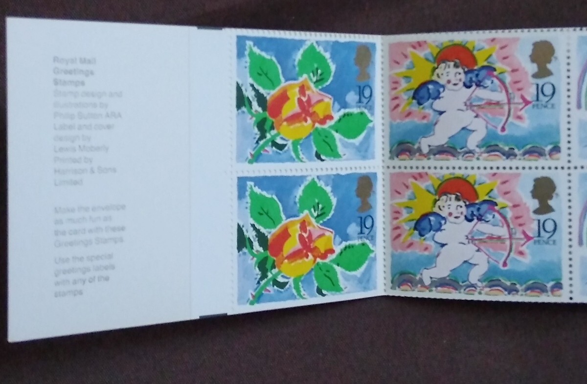 イギリス 1989 挨拶 切手帳 キューピット 花 絵 糊あり の画像3