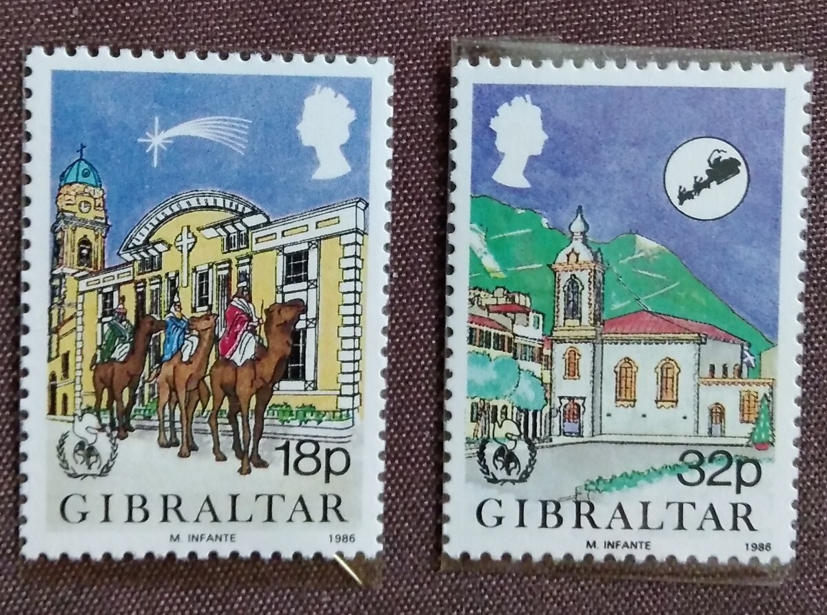 ジブラルタル　 1986 　国際平和年 の クリスマス　2完　流れ星　サンタ　ソリ　未使用　_画像1