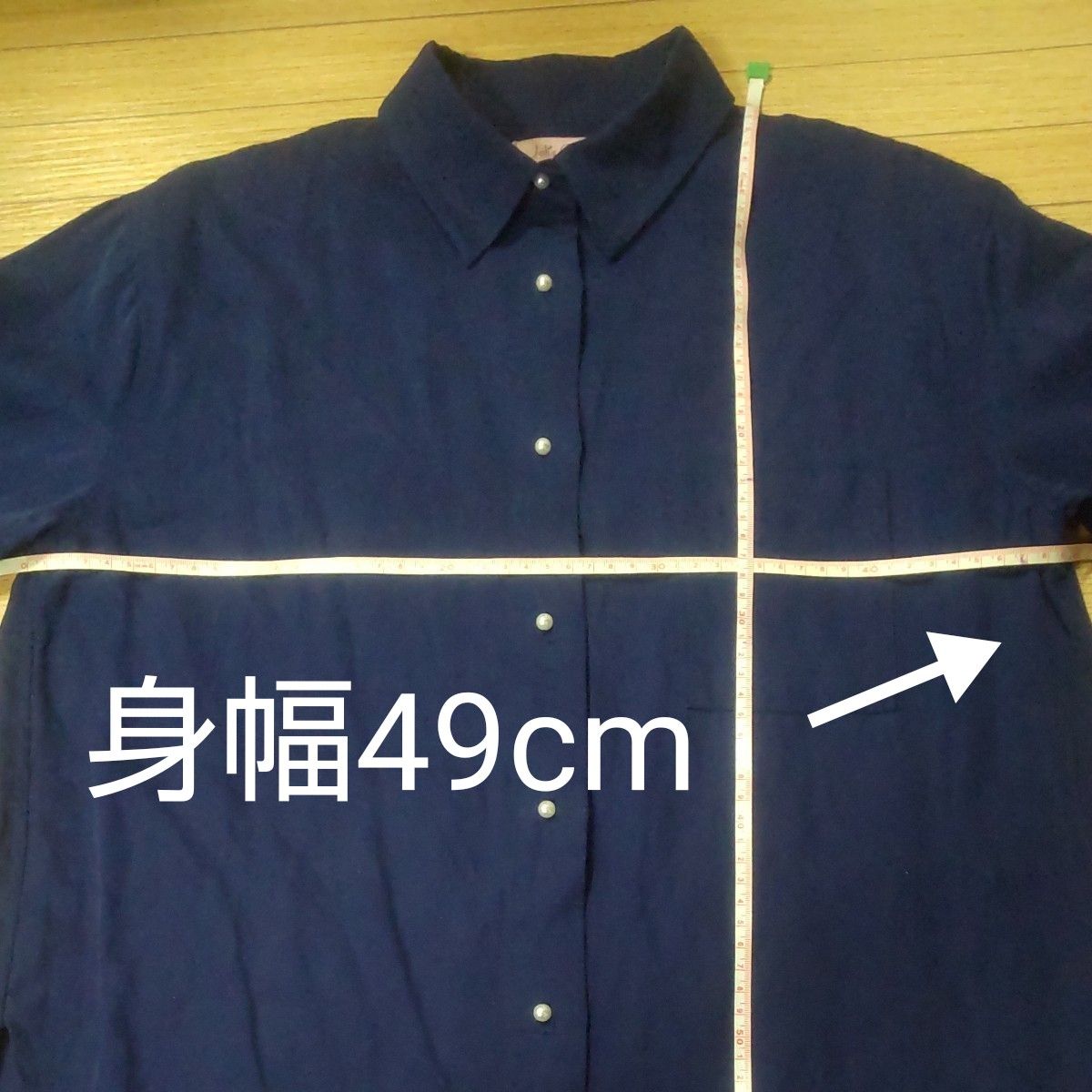 レディース シャツ 紺 F size (Mサイズ)長袖 パールボタン 【クーポンで300円】