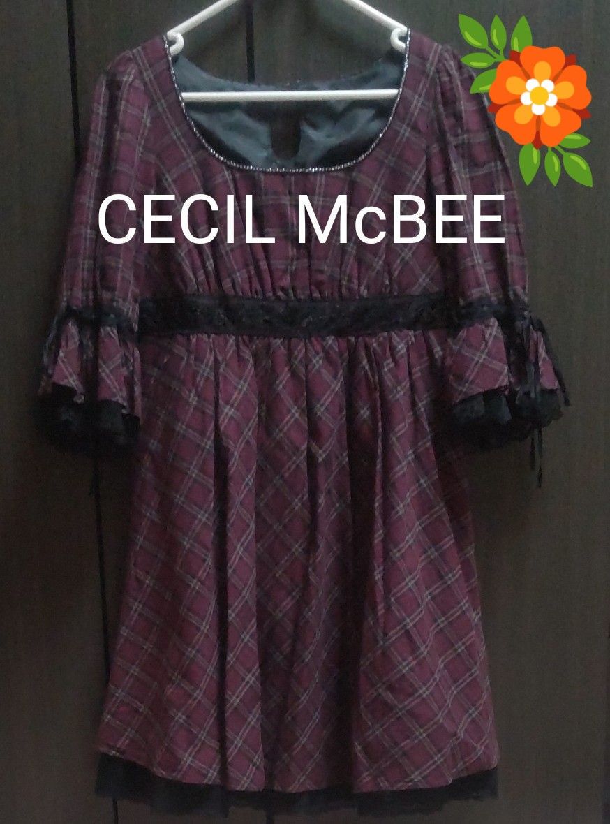 CECIL McBEE  ワンピース  ドレス M チェック ボルドーレッド 黒  【美品】