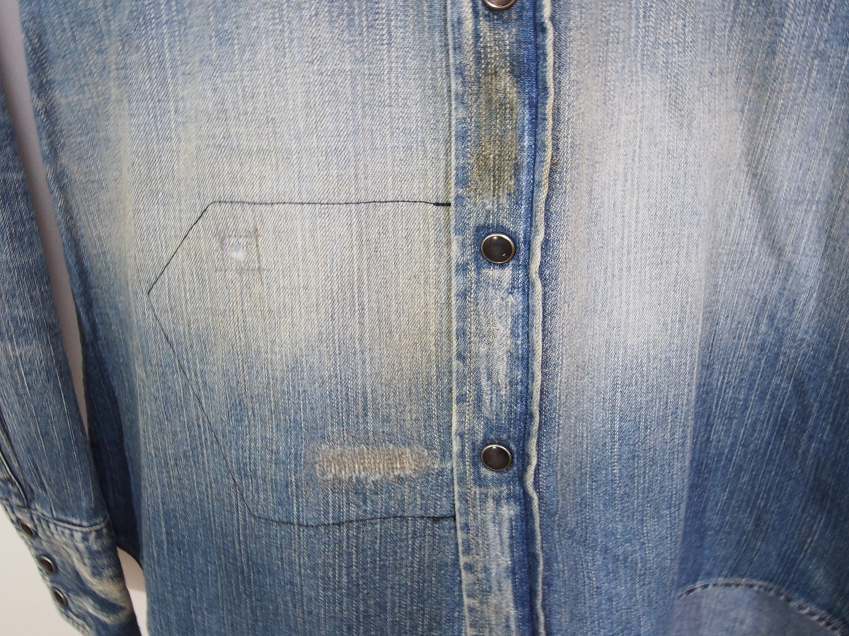 希少 KUROクロ Western Shirts Vintage Wash 01インディゴ USED 汚し加工 ウエスタン デニムシャツ 青428J_画像7