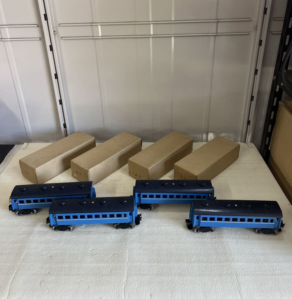  details unknown O gauge passenger car 4 point set blue railroad model steam locomotiv Showa Retro retro case attaching operation not yet verification present condition goods 