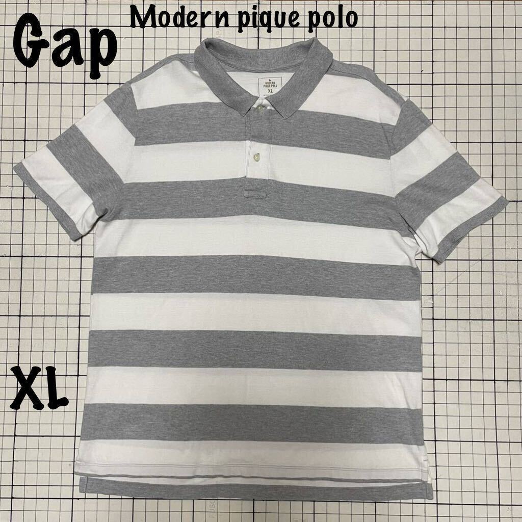 ギャップ【Gap】Modern pique poloピケポロ 半袖ポロシャツ 鹿の子 綿100% LL.XLサイズ グレー×ホワイト/白灰 ボーダー シンプル スリット_画像1