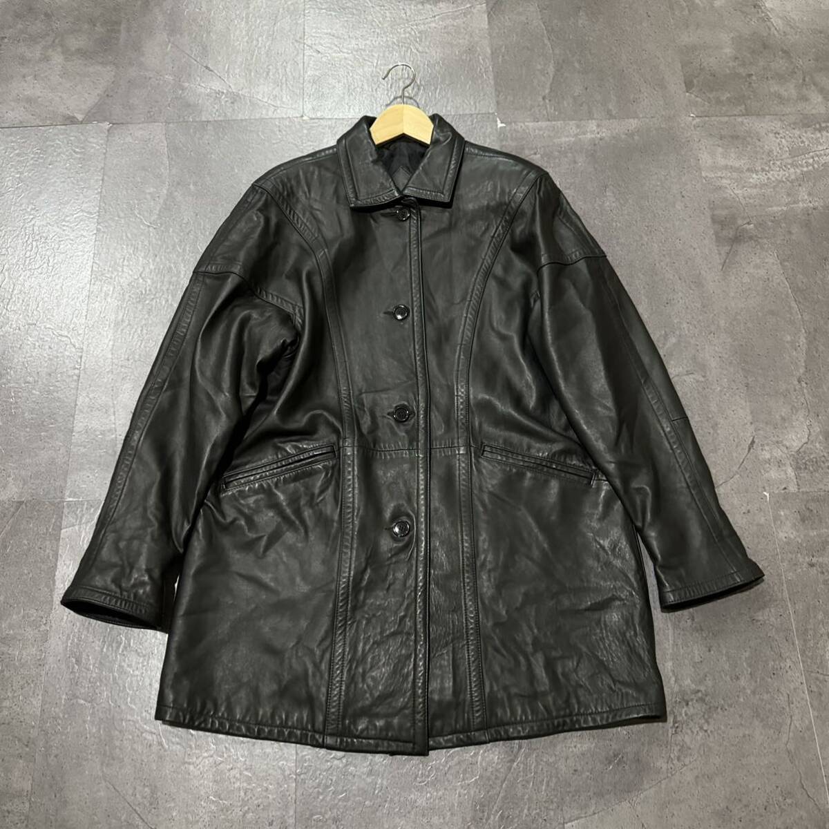 SS ☆良品/ 高級感溢れる!! '洗練されたデザイン' REMY 本革 レザー コート size:S メンズ アウター BLK 黒 _画像2