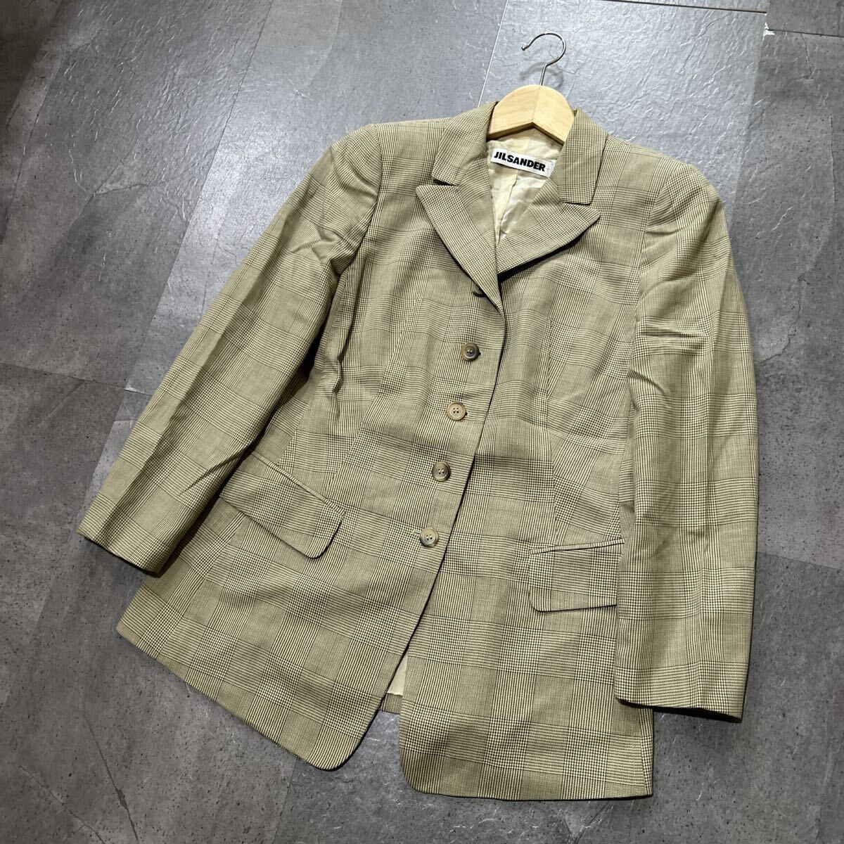 KK ■ ドイツ製 '高級ラグジュアリー服' JIL SANDER ジルサンダー 高品質 チェック柄 テーラードジャケット size36 婦人服 アウター 古着 _画像1